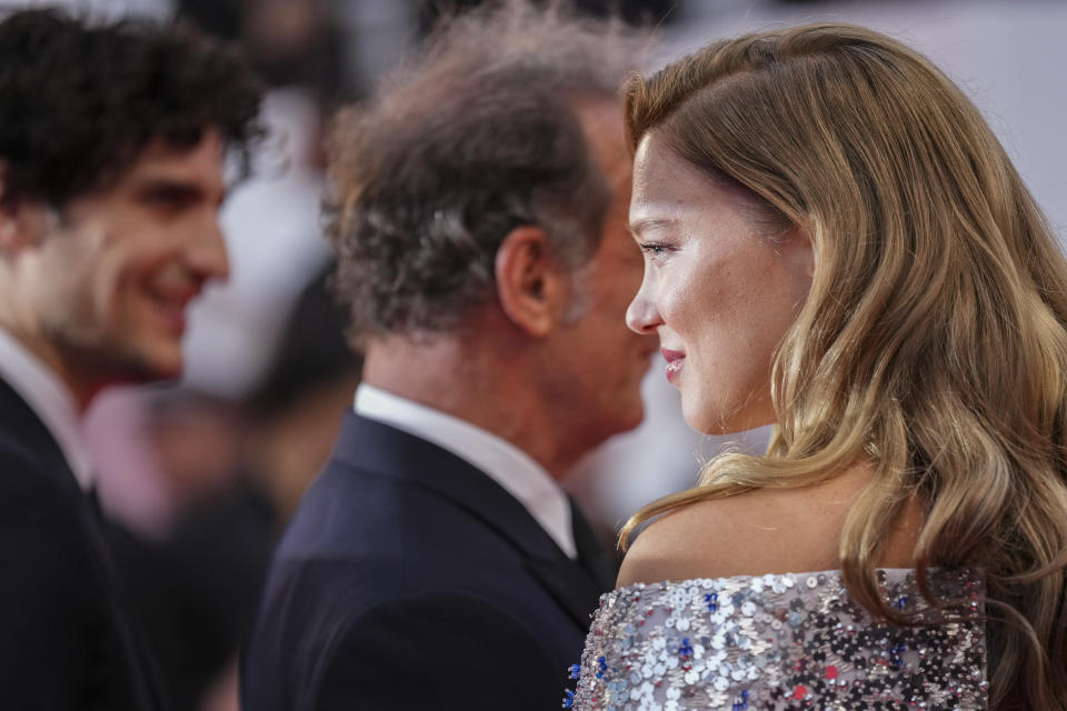 Louis Garrel, from left, Vincent Lindon, and Lea Seydoux pose for photographers upon arrival at the awards ceremony and the premiere of the film 'The Second Act' during the 77th international film festival, Cannes, southern France, Tuesday, May 14, 2024. (Photo by Scott Garfitt/Invision/AP)