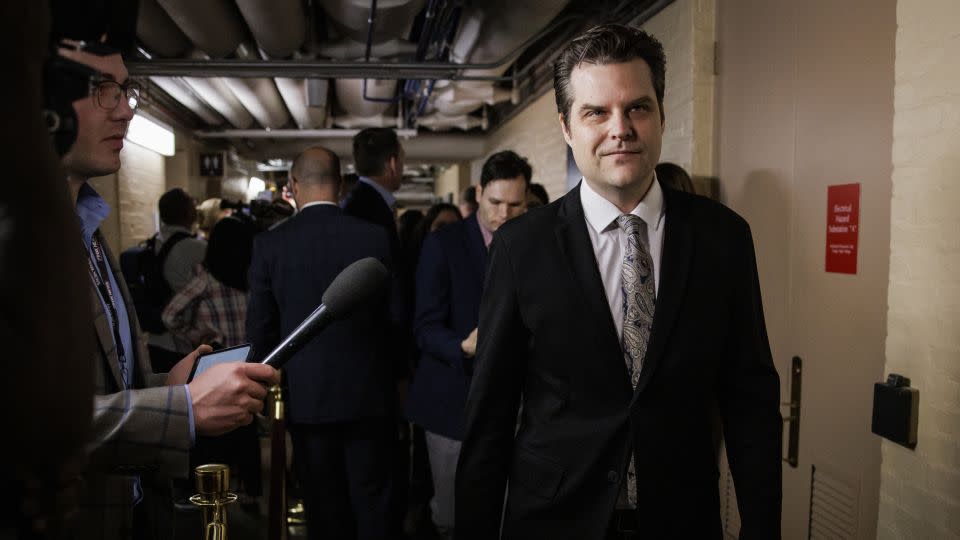 Rep. Matt Gaetz of Florida walks past reporters as he leaves a House GOP caucus meeting at the US Capitol on April 10, 2024. - Samuel Corum/Getty Images