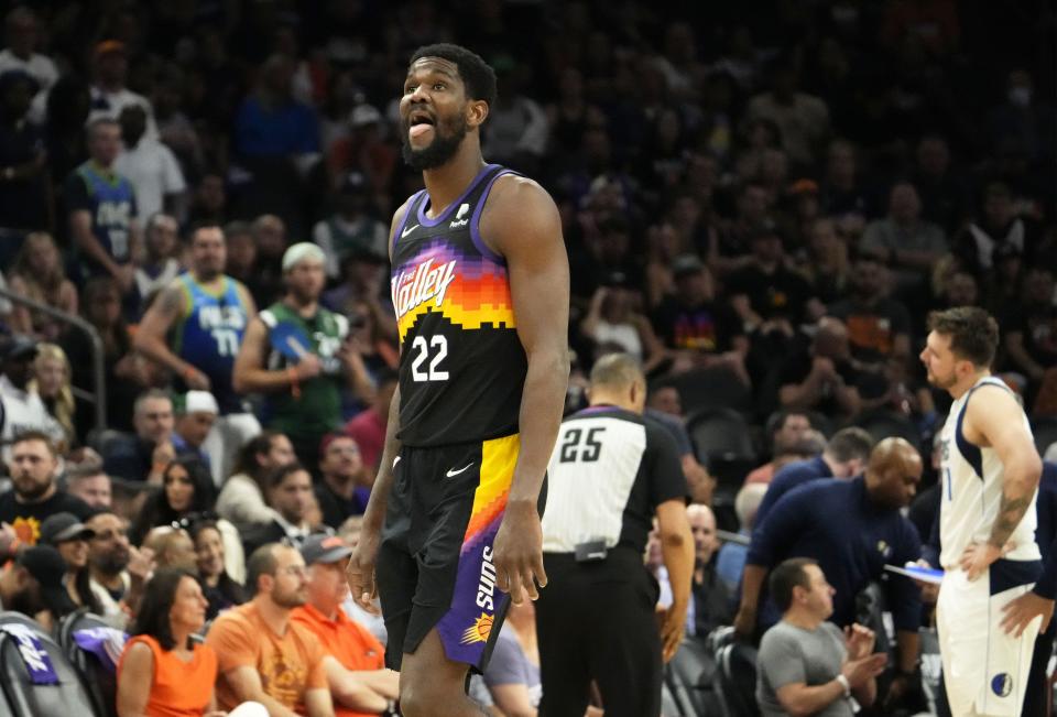 May 15, 2022; Phoenix, Arizona, USA; Phoenix Suns center Deandre Ayton (22) reacts during a break in play against the Dallas Mavericks during game seven of the second round for the 2022 NBA playoffs at Footprint Center.
