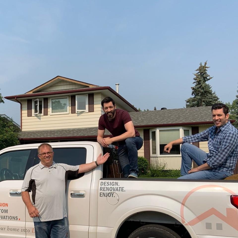 Several photos of Alan Hrehirchuk, left, and TV home renovation celebrities appear on his company's Facebook page Envision Custom Renovations Inc. He's pictured here with Property Brothers Drew and Jonathan Scott. 