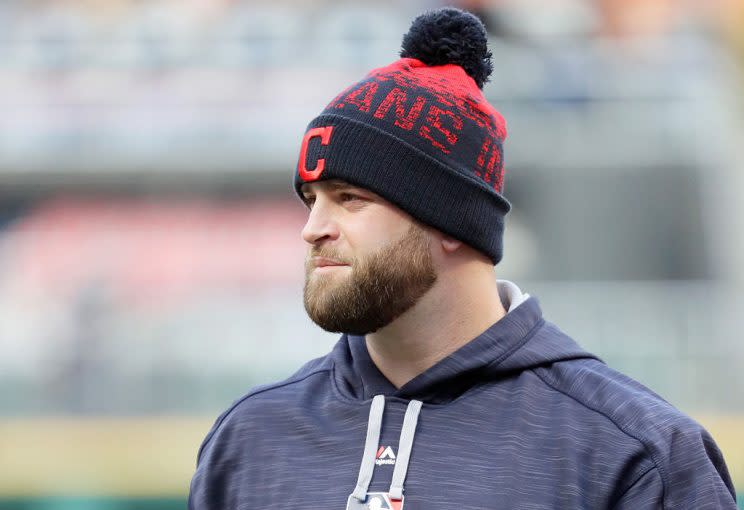 CLEVELAND, OH - OCTOBER 25: Mike Napoli #26 of the Cleveland Indians looks on during batting practice prior to Game One of the 2016 World Series against the Chicago Cubs at Progressive Field on October 25, 2016 in Cleveland, Ohio. (Photo by Jamie Squire/Getty Images)