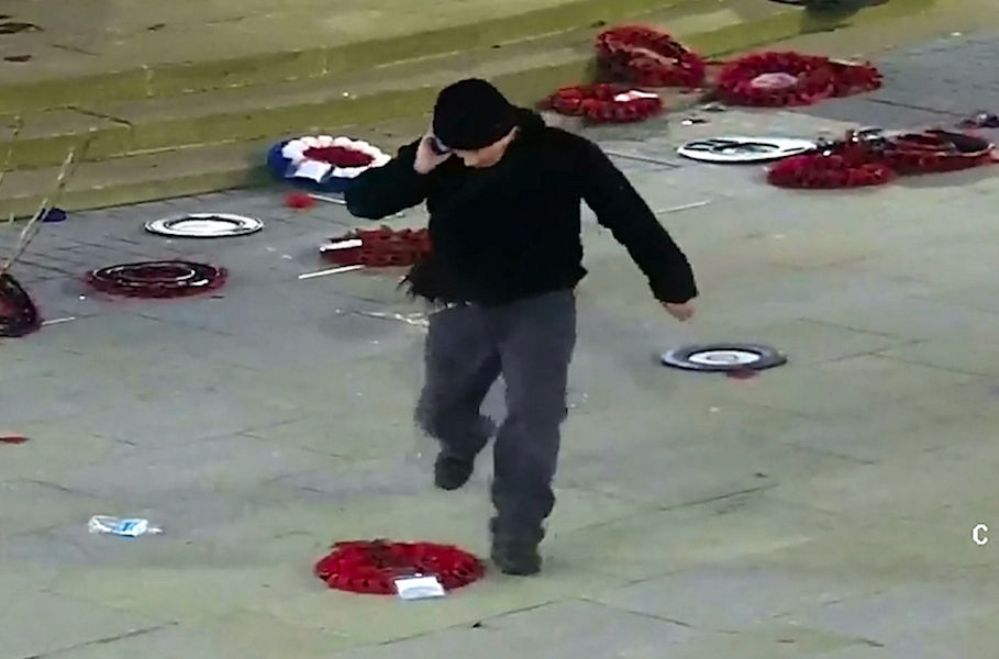 <em>Peter Lear was caught on CCTV kicking poppy wreaths on a Cenotaph memorial (SWNS)</em>