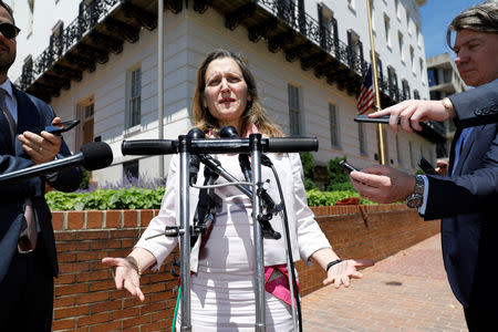 Canadian Foreign Affairs Minister Chrystia Freeland speaks to reporters after her meeting with U.S. Trade Representative Robert Lighthizer in Washington, U.S., May 15, 2019. REUTERS/Kevin Lamarque