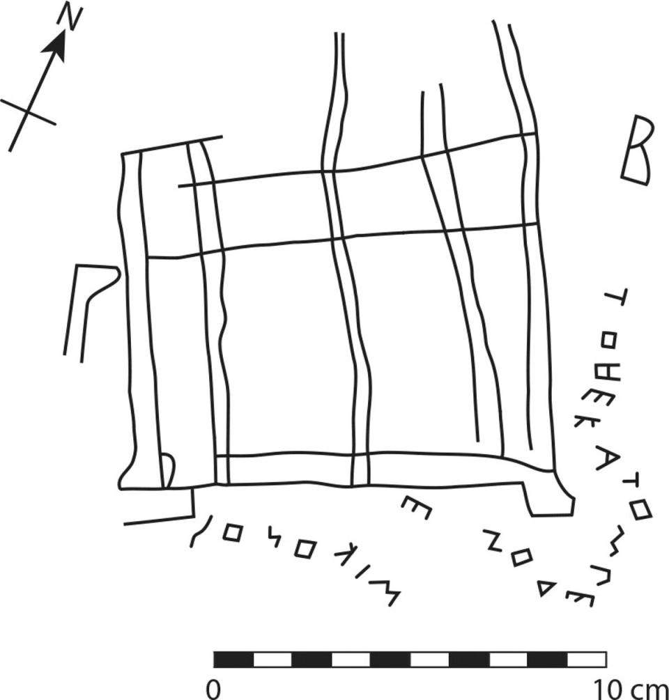 Boceto del grafiti en el que se observan las líneas y letras más claras (American Journal of Archaeology/Langdon et al)