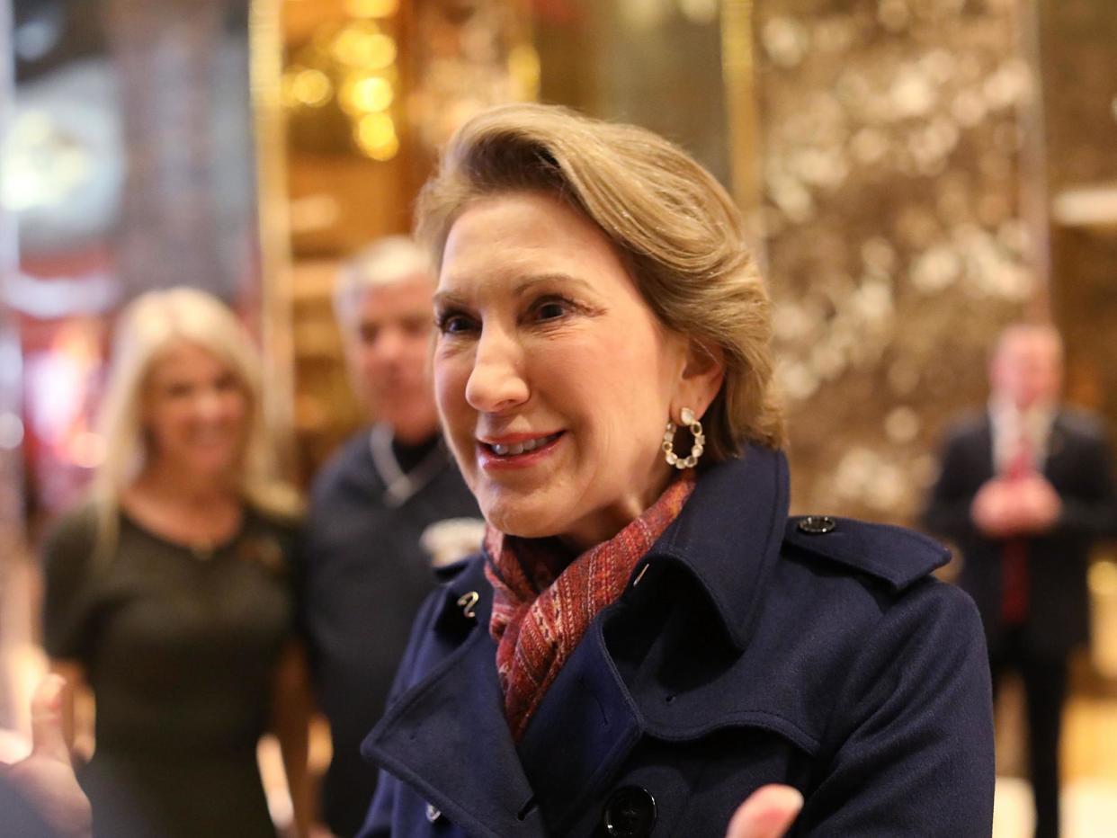 Former Republican presidential candidate Carly Fiorina speaks to the media after a meeting at Trump Tower on 12 December, 2016: (Getty Images)