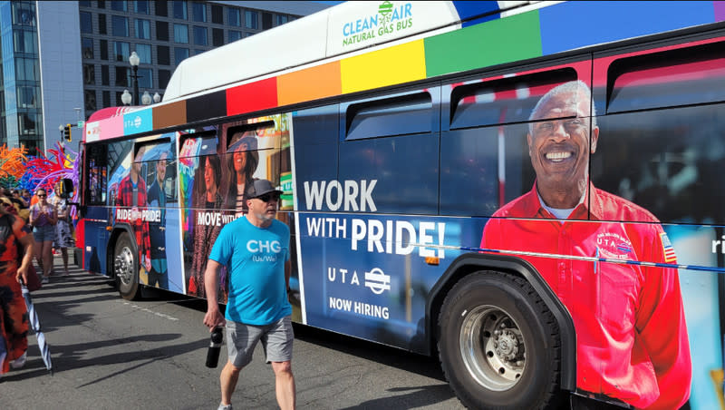 A UTA bus wrapped to celebrate Pride month, diversity and inclusion is pictured on the UTA’s Twitter page at the 2023 Pride Parade in downtown Salt Lake City on Sunday, June 4.