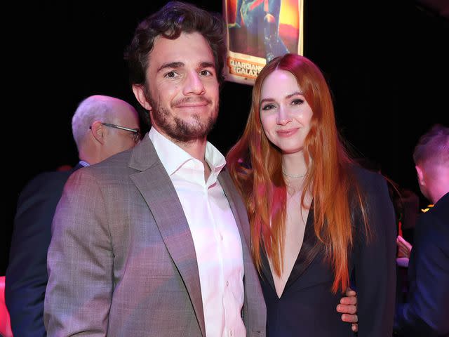 <p>Rich Polk/Getty</p> Nick Kocher and Karen Gillan attends the 'Guardians of the Galaxy Vol. 3' World premiere on April 27, 2023.