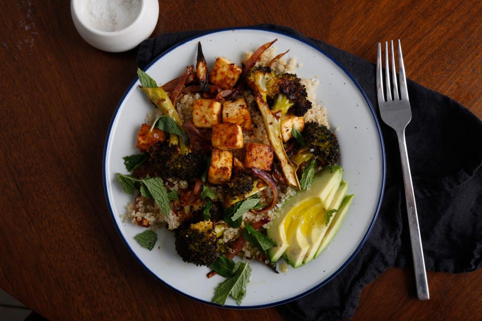 Harissa-Roasted Broccoli, Tofu, and Quinoa Bowl