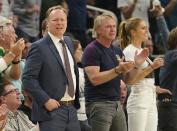 Milwaukee Bucks head coach Mike Budenholzer reacts during the first half of Game 5 of the NBA Eastern Conference basketball playoff finals against the Toronto Raptors Thursday, May 23, 2019, in Milwaukee. (AP Photo/Morry Gash)