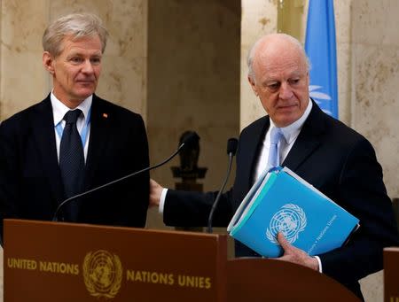 Staffan de Mistura (R), United Nations Special Envoy for Syria, arrives with his special advisor Jan Egeland to address the media after a meeting of the Task Force for Humanitarian Access at the U.N. in Geneva, Switzerland, March 3, 2016. REUTERS/Denis Balibouse