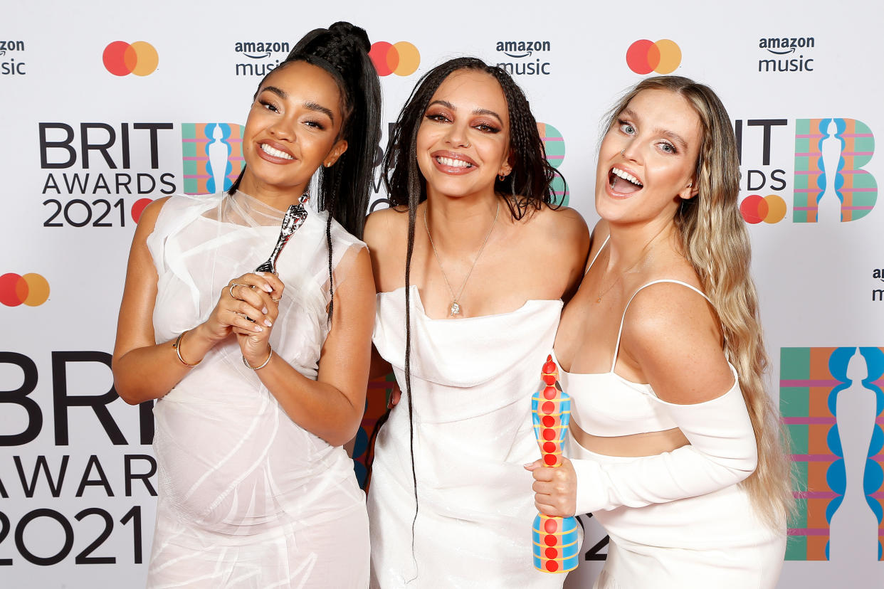 LONDON, ENGLAND - MAY 11: Leigh-Anne Pinnock, Jade Thirlwall and Perrie Edwards of Little Mix pose with their British Group award in the media room during The BRIT Awards 2021 at The O2 Arena on May 11, 2021 in London, England. (Photo by JMEnternational/JMEnternational for BRIT Awards/Getty Images)