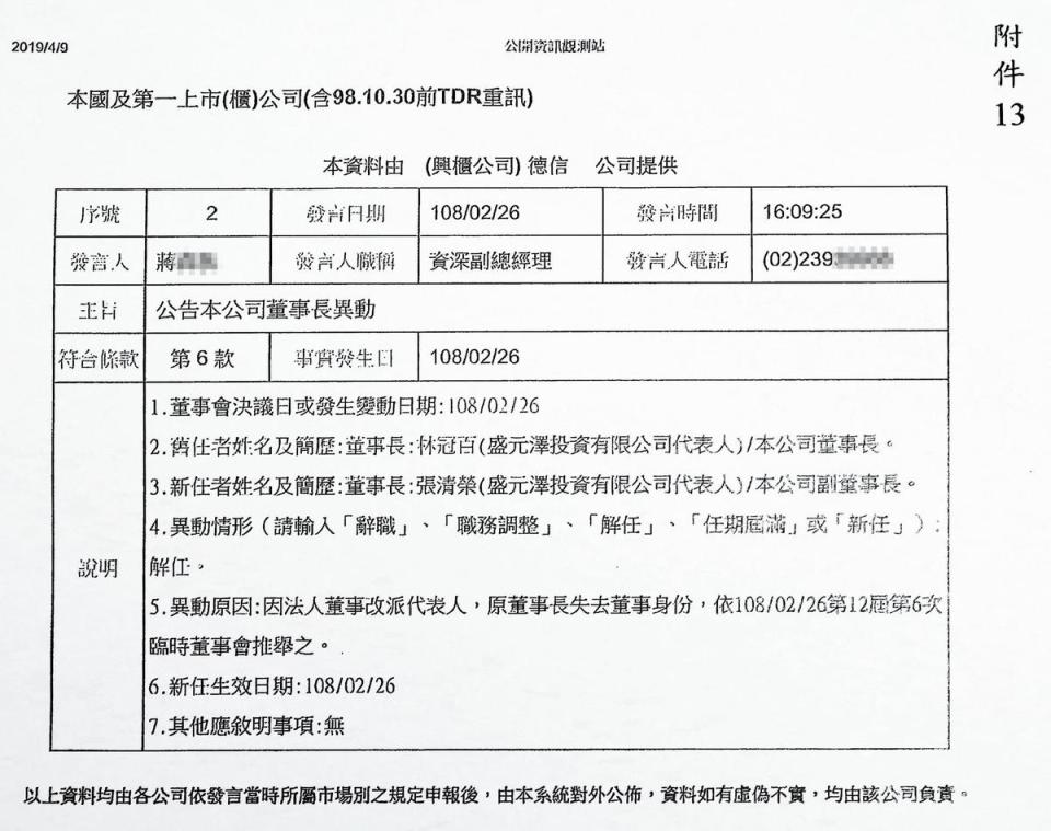 獨身貴族投資案爆發後，德信證券也將林冠百解除董事長職務。