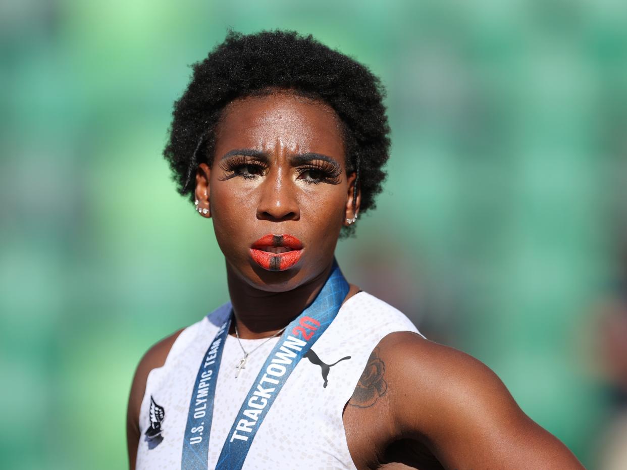 Gwendolyn Berry celebrates finishing third in the Women's Hammer Throw final  (Getty Images)