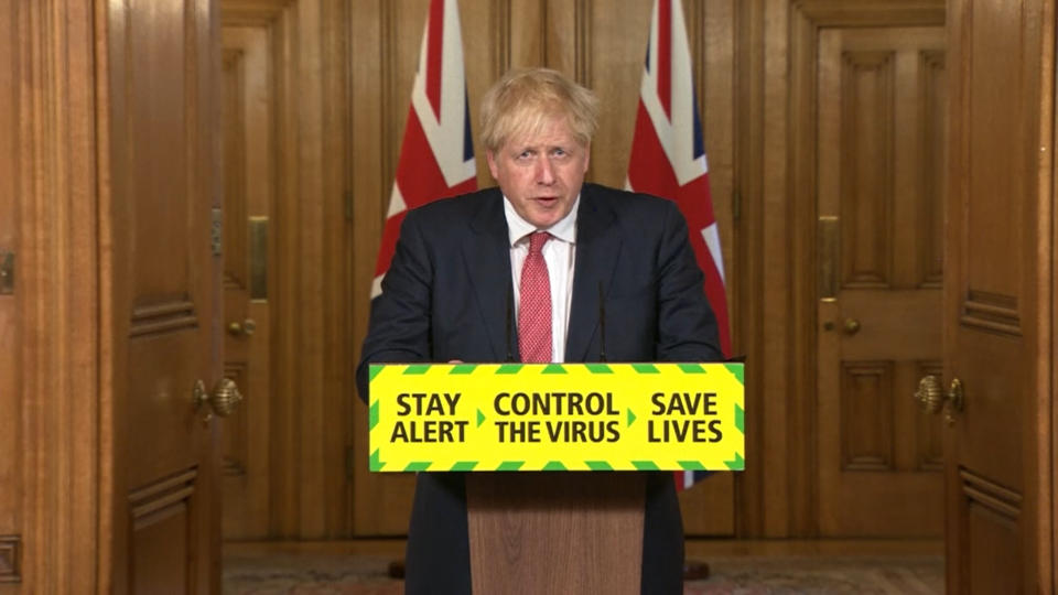 Screen grab of Prime Minister Boris Johnson during a media briefing in Downing Street, London, on coronavirus (COVID-19). (Photo by PA Video/PA Images via Getty Images)