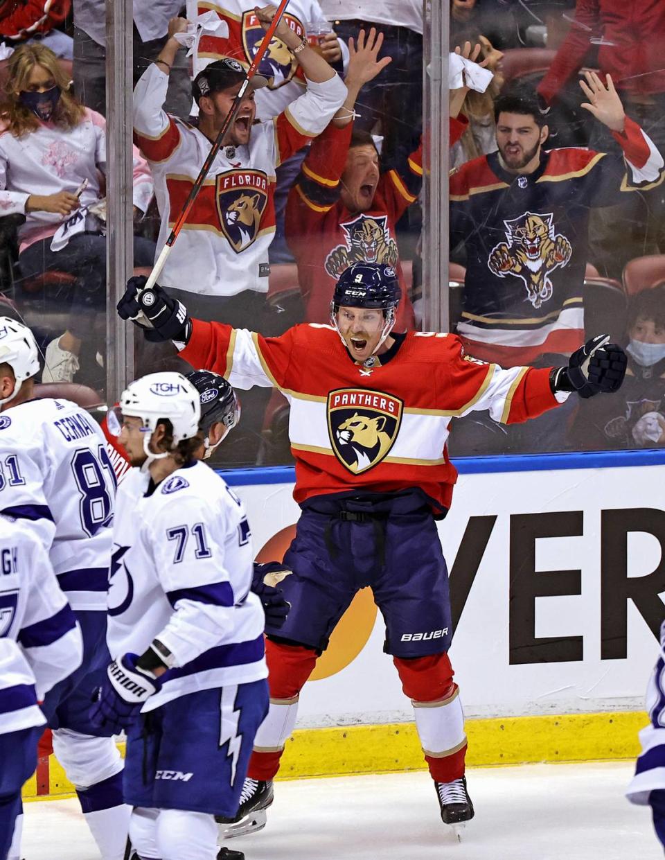 Florida Panthers center Sam Bennett reacts after a play against the Tampa Bay Lightning during the first period of game 1 of their first round NHL Stanley Cup series at the BB&T Center on Sunday, May 16, 2021 in Sunrise, Fl.