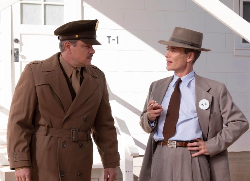 Cillian Murphy as J. Robert Oppenheimer and Matt Damon as Gen. Leslie Groves in a scene from Oscar favorite “Oppenheimer.” AP