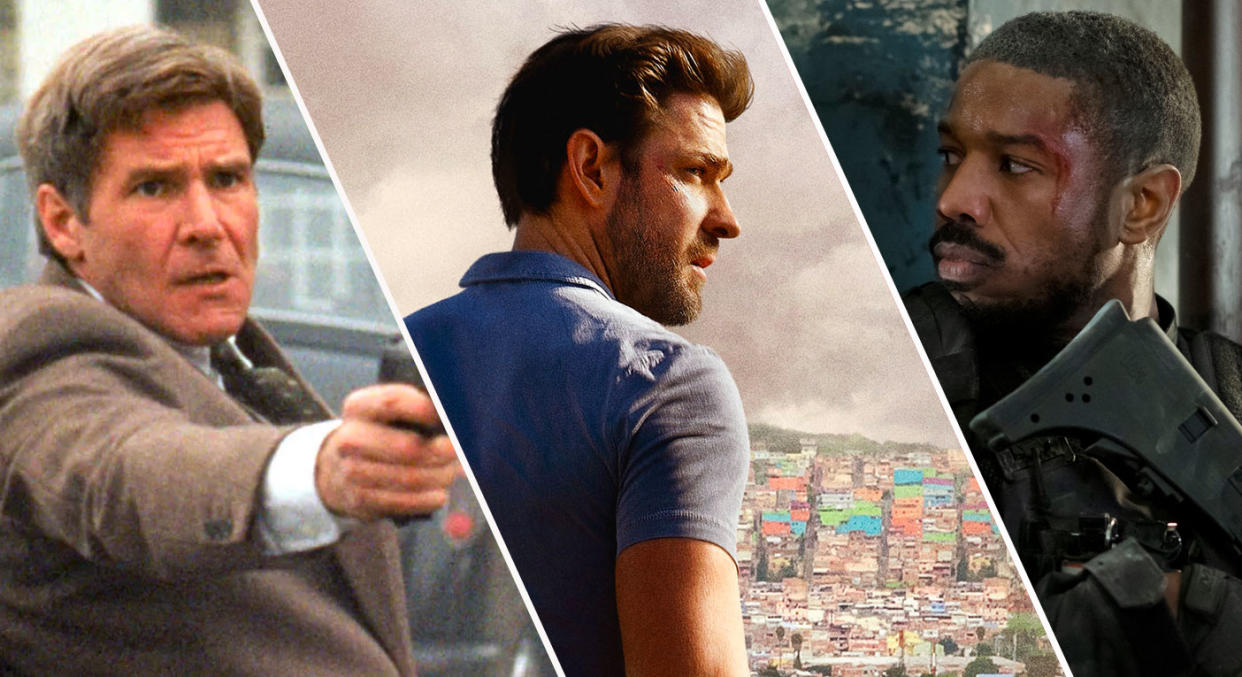 Harrison Ford as Jack Ryan in Patriot Games, John Krasinski in Jack Ryan, and Michael B. Jordan as John Clark in Without Remorse (Paramount/Amazon)