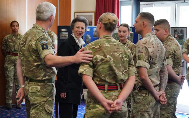The Princess Royal, in her role as Colonel-in-Chief of both the Royal Logistic Corps, and Royal Corps of Signals, meets personnel from across the Corps at St Omer Barracks, Aldershot, who played a central role providing logistical support during the Queen’s funeral and other ceremonial duties 