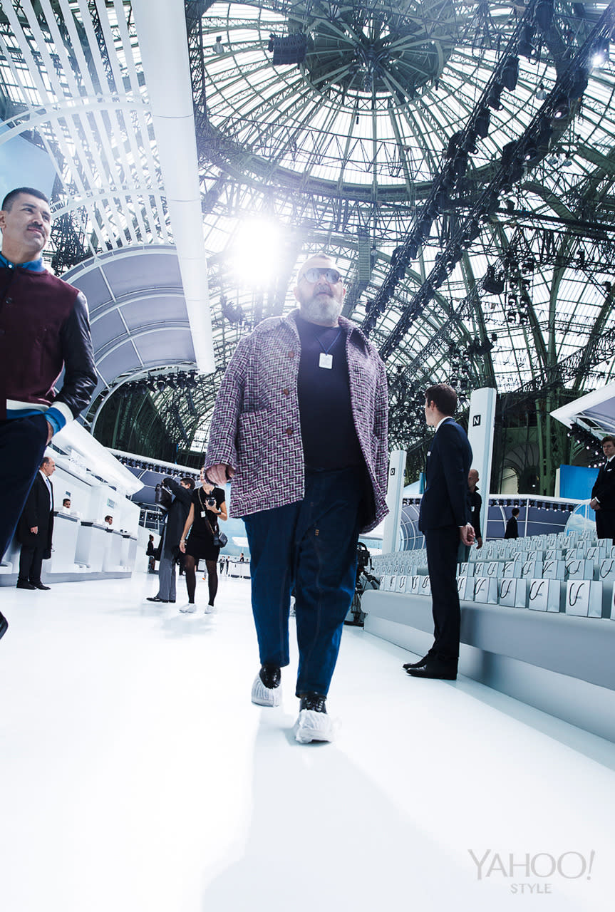 Michel Gaubert with his boyfriend, Ryan Aguilar, on set at the Chanel show before the guests arrive.
