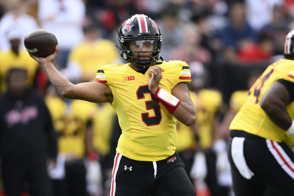 Maryland quarterback Taulia Tagovailoa (3) looks to pass the ball during the first half of an NCAA college football game against Penn State, Saturday, Nov. 4, 2023, in College Park, Md. (AP Photo/Nick Wass)