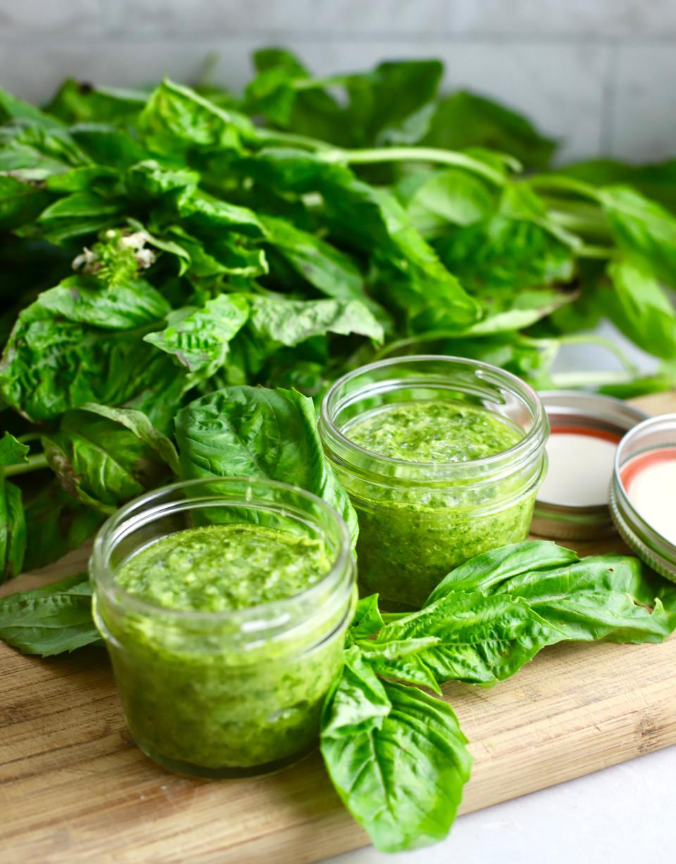 Easy Homemade Southern Basil Pesto can be storied in jars in the refrigerator.