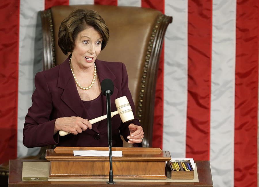 Speaker of the House Nancy Pelosi after being elected as the first woman Speaker during a swearing in ceremony for the 110th Congress in the House Chamber of the U.S. Capitol January 4, 2007 (Photo by Chip Somodevilla/Getty Images)