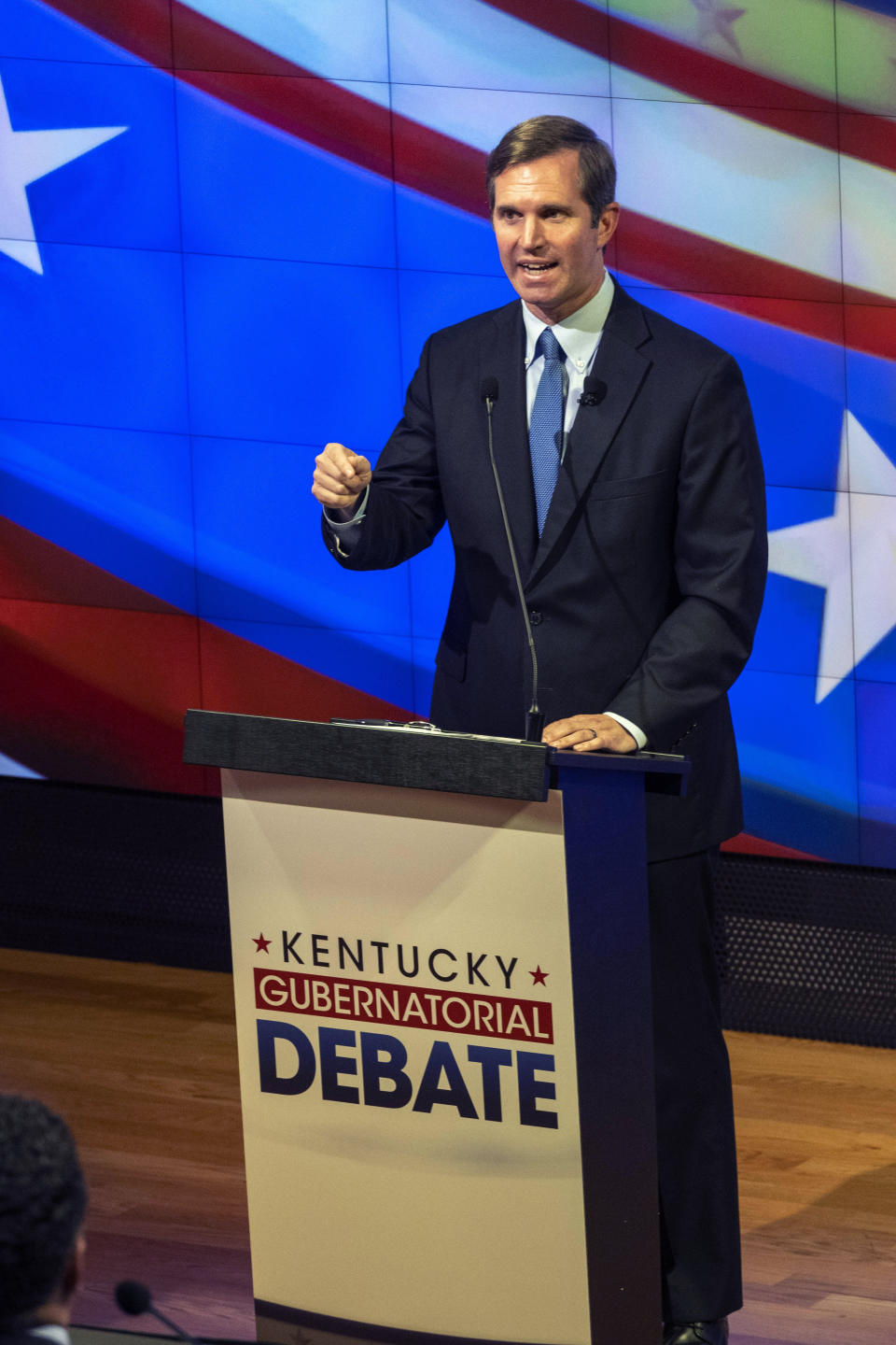 Democratic Gov. Andy Beshear speaks during a gubernatorial debate against Republican Attorney General Daniel Cameron at Northern Kentucky University, in Highland Heights, Ky., Monday, Oct. 16, 2023. (Joe Simon/LINK nky via AP, Pool)