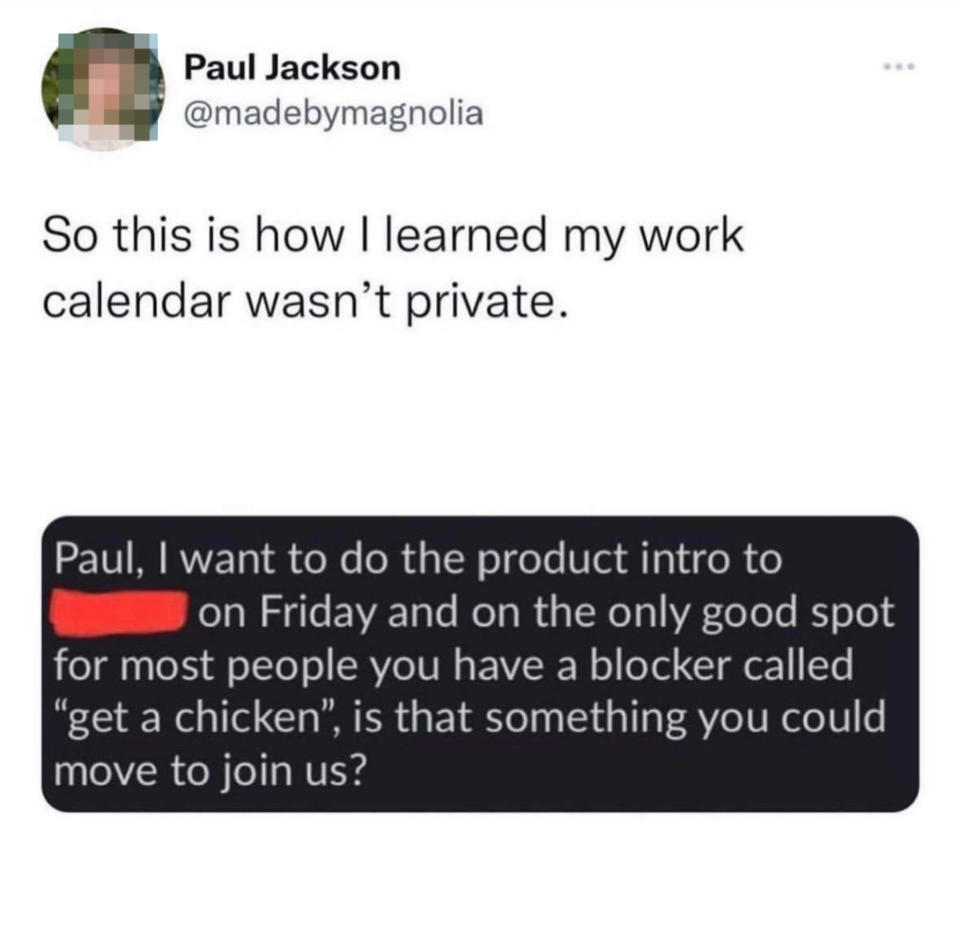 Screenshot of a social media post by Paul Jackbson with a text exchange about a work calendar event titled "get a chicken" causing scheduling conflict