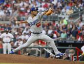 Los Angeles Dodgers starting pitcher Mitch White throws to an Atlanta Braves batter during a baseball game Saturday, June 25, 2022, in Atlanta. (AP Photo/Bob Andres)