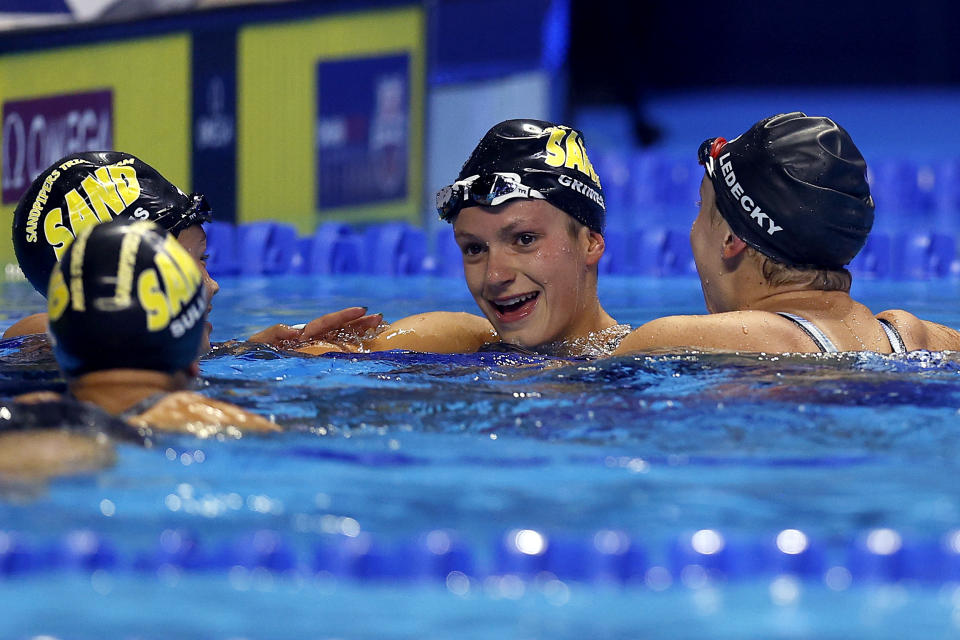 OMAHA, NEBRASKA - JUNE 19: Katie Grimes of the United States reacts after competing in the Women’s 800m freestyle final during Day Seven of the 2021 U.S. Olympic Team Swimming Trials at CHI Health Center on June 19, 2021 in Omaha, Nebraska. (Photo by Maddie Meyer/Getty Images)