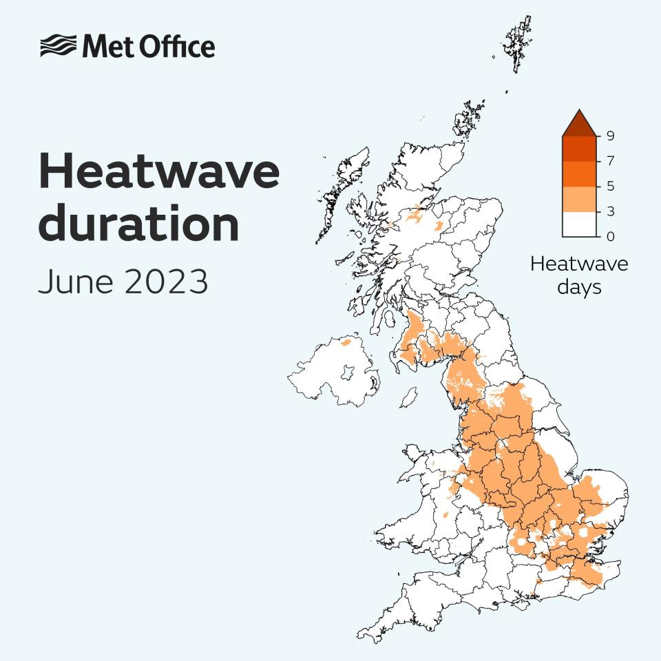 A map showing the areas of the UK that are in a heatwave. (Met Office)