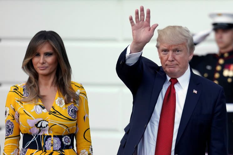 Melania Trump and President Trump wave as Prime Minister Narendra Modi of India leaves the White House.