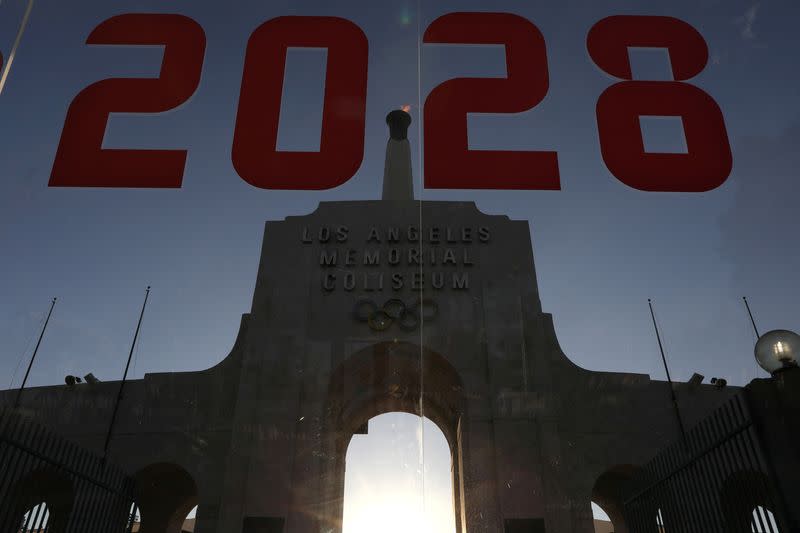 FILE PHOTO: An LA2028 sign is seen at the Los Angeles Coliseum to celebrate Los Angeles being awarded the 2028 Olympic Games, in Los Angeles