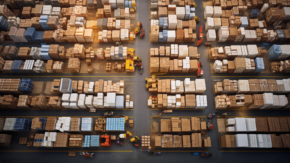 An aerial view of a large warehouse full of food storage containers.