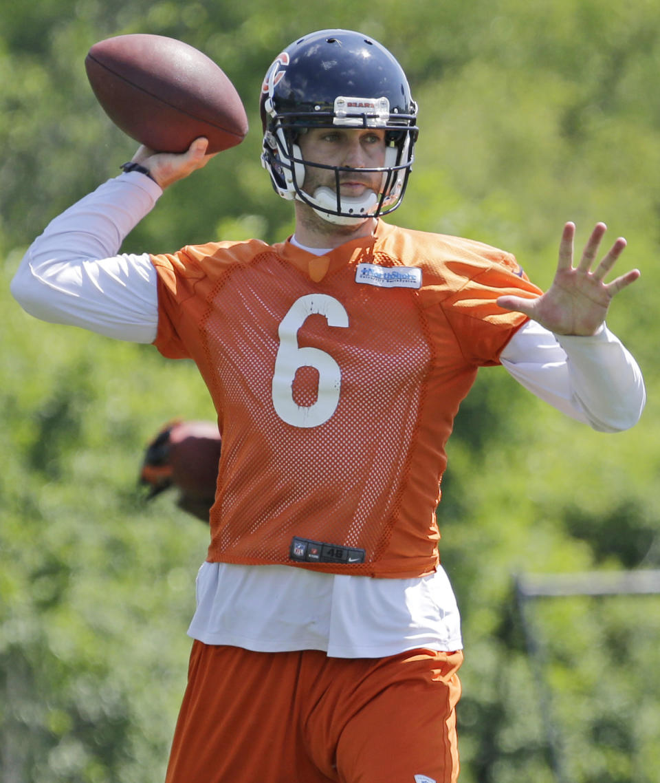 Chicago Bears quarterback Jay Cutler throws during NFL football team's mandatory mini-camp on Tuesday, June 11, 2013, in Lake Forest, Ill. (AP Photo/Nam Y. Huh)