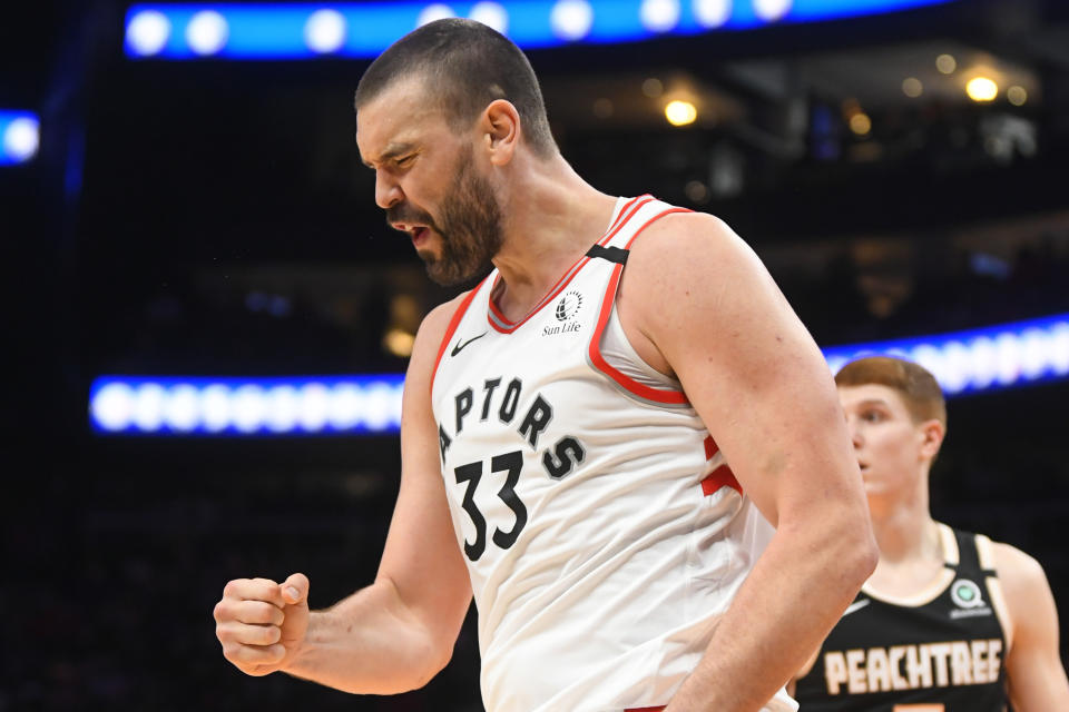 Toronto Raptors center Marc Gasol reacts after making a shot and being fouled during the second half of an NBA basketball game against the Atlanta Hawks, Monday, Jan. 20, 2020, in Atlanta. Toronto won 122-117.(AP Photo/John Amis)