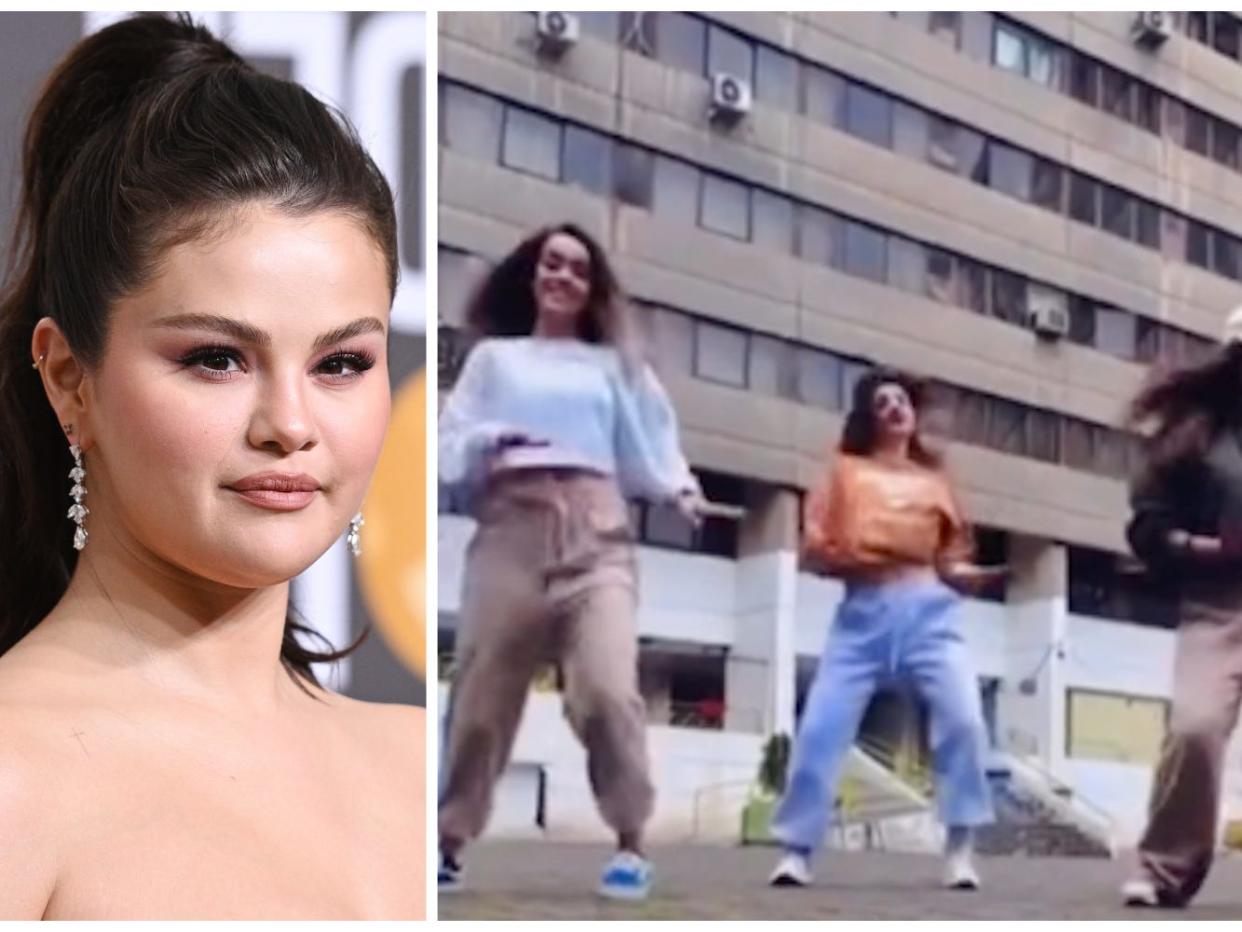 Selena Gomez, left, and Iranian teenagers dancing, right, in a composite image.