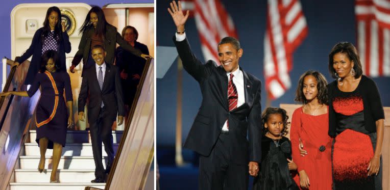 The Obama family is seen left in 2016 and right in 2008. (Photo: REUTERS/Marcos Brindicci and REUTERS/Jim Bourg)