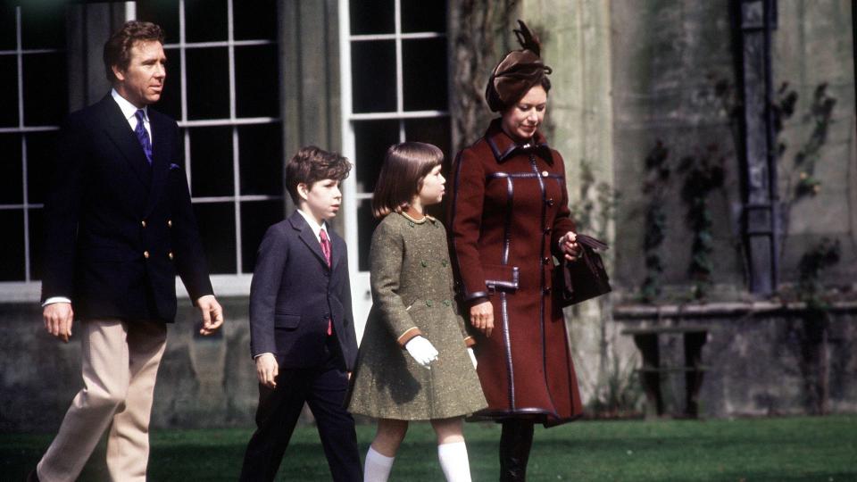 Antony Armstrong-Jones walking with a young David Armstrong-Jones, Lady Sarah Chatto and Princess Margaret