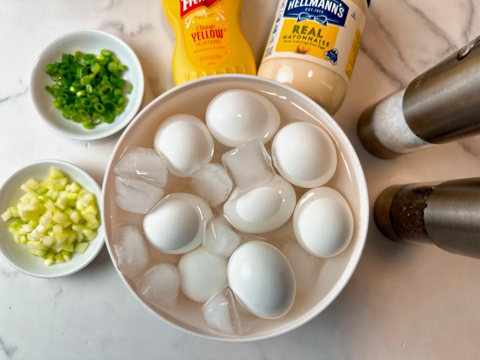 Great egg salad starts with hardboiled eggs that are easy to peel. Shocking them in an ice bath helps.