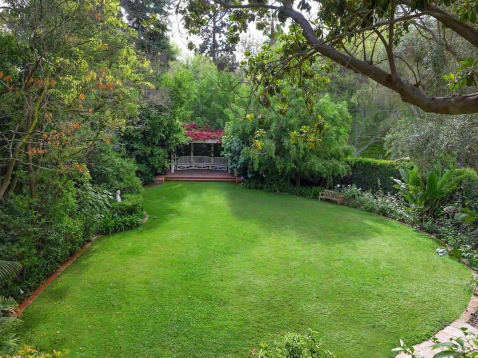 a garden with green grass and trees