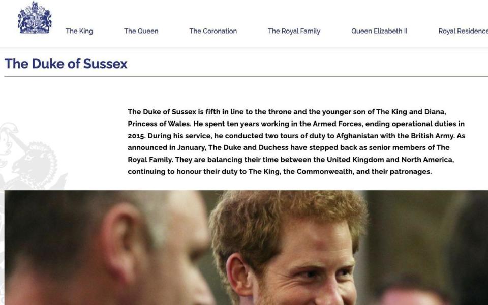 哈利在英國王室官網的個人簡介頁面，已沒有「殿下」頭銜。（翻攝The Royal Family官網）