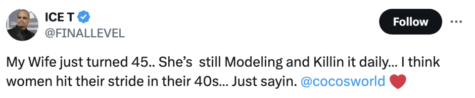 Ice-T tweets admiration for his wife Coco's modeling work, celebrating her 45th birthday and women's vitality in their 40s