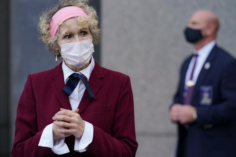 E. Jean Carroll, who says President Donald Trump raped her in the 1990s, leaves the Daniel Patrick Moynihan United States Courthouse following a hearing in her defamation lawsuit against Trump, Wednesday, Oct. 21, 2020, in New York.