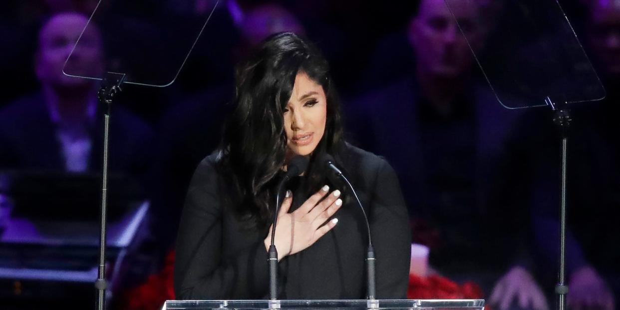 Vanessa Bryant speaks during a celebration of life for her husband, Kobe Bryant, and daughter Gianna in Los Angeles.