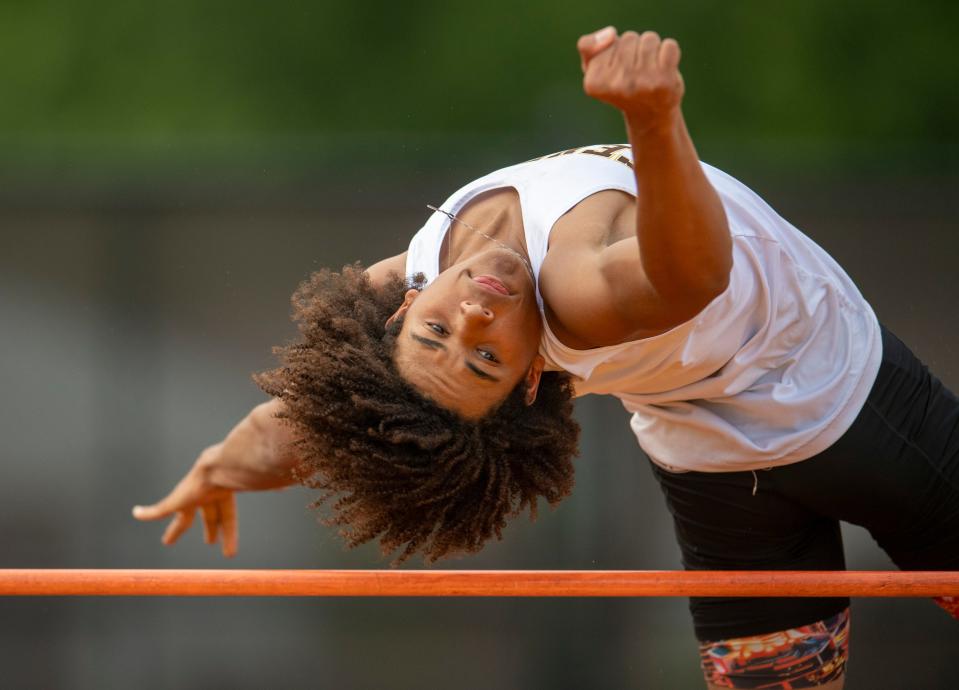 Central’s Devin Stewart clears the bar in the high jump event of the 2024 IHSAA Boys Track & Field Sectional 32 at Central High School Thursday, May 16, 2024.