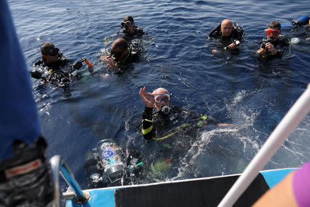 Ray Woolley, pioneer diver and World War 2 veteran, is seen before breaking a new diving record as he turns 95 by taking the plunge at the Zenobia, a cargo ship wreck off the Cypriot town of Larnaca, Cyprus September 1, 2018. REUTERS/Yiannis Kourtoglou