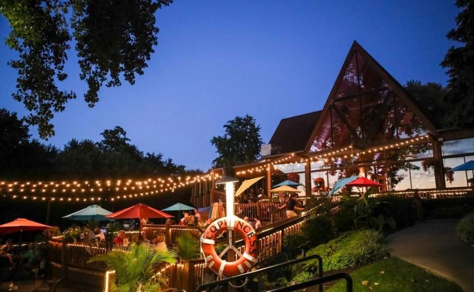 A view of the back outdoor seating area at Captain's Quarters, a historic and popular evening destination in Harrods Creek.