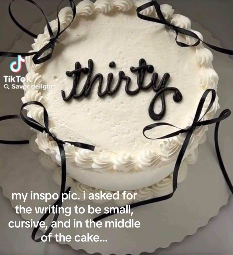 Peyton Chimack shared this photo of a simple white cake with black, cursive lettering for Walmart cake decorators to follow. TikTok/peychimack