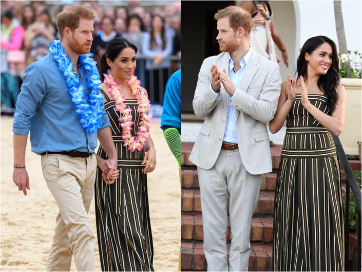 Side by side of Meghan in a striped brown maxi sundress with Harry first in a blue button down shirt and khakis and then in a cream suit.